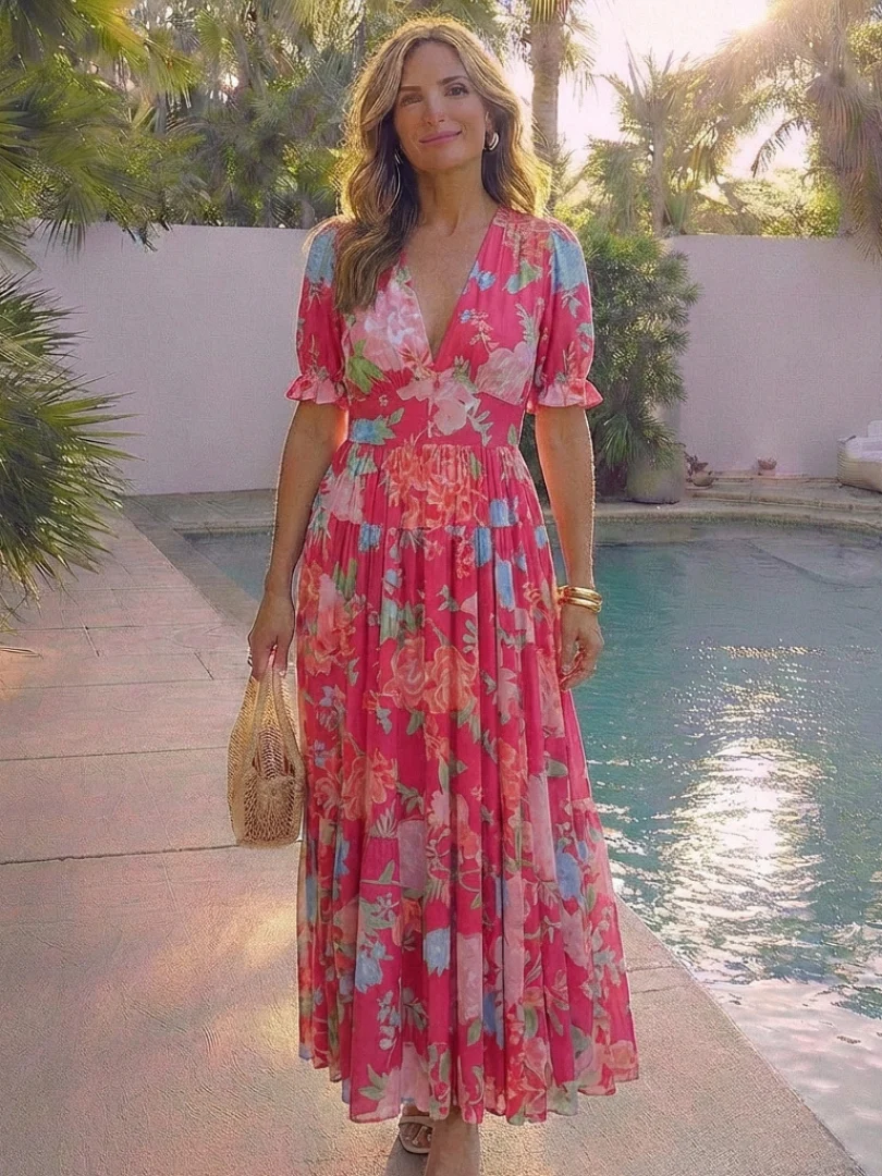 Ione | Kurzes Ärmels V-Ausschnitt Blumen Midi Kleid - Image 7