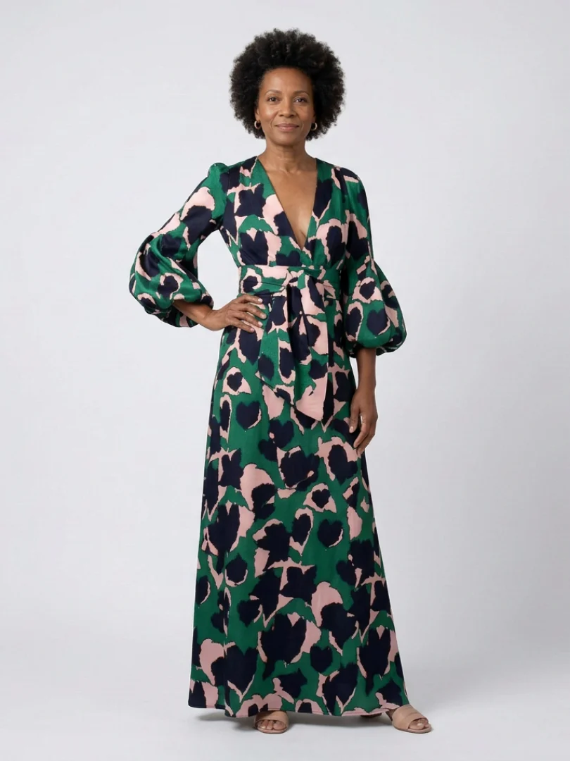 Isolde | V-Ausschnitt Bindegürtel Langarm Maxikleid - Image 4