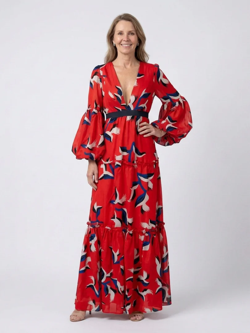 Isolde | V-Ausschnitt Bindegürtel Langarm Maxikleid - Image 6