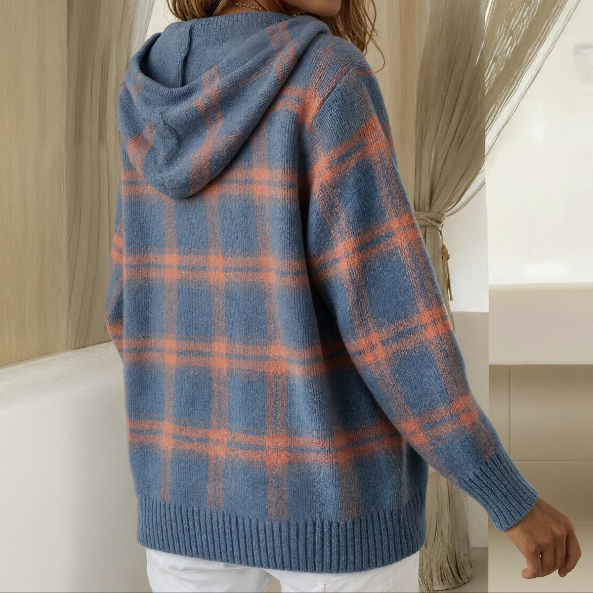 Karo Blau Button-Up Hoodie Pullover - Image 2