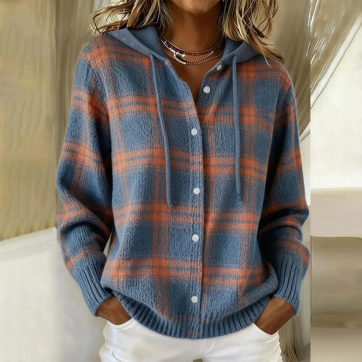 Karo Blau Button-Up Hoodie Pullover - Image 3