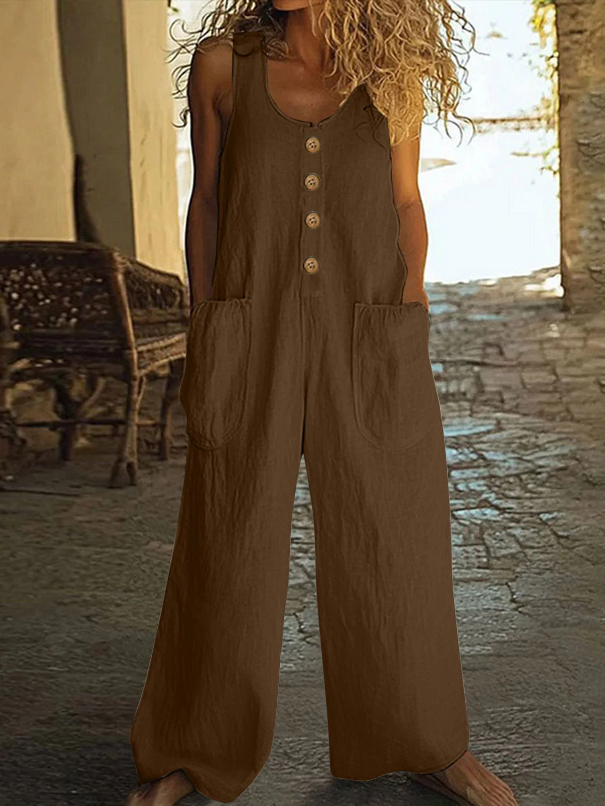 Lässiger Button-Up Jumpsuit mit weitem Bein und Taschen - Image 3