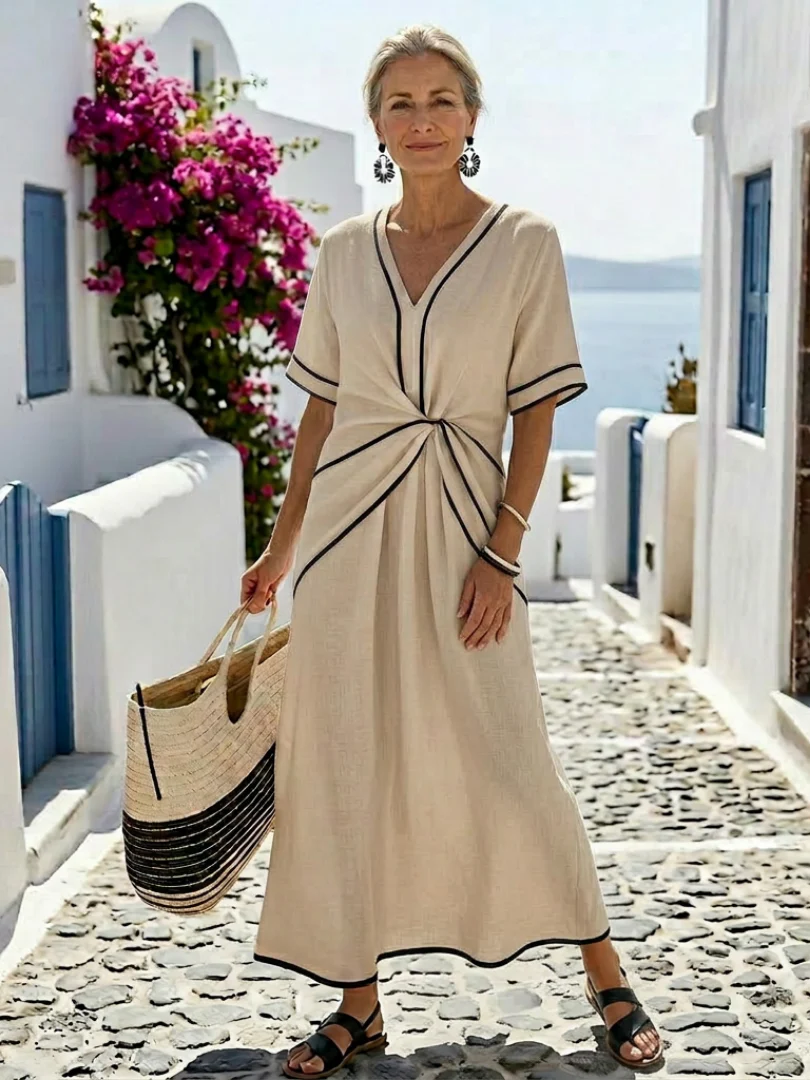 Linnea | V-Ausschnitt Kurzarm Geraffte Taille Midi Kleid - Image 4