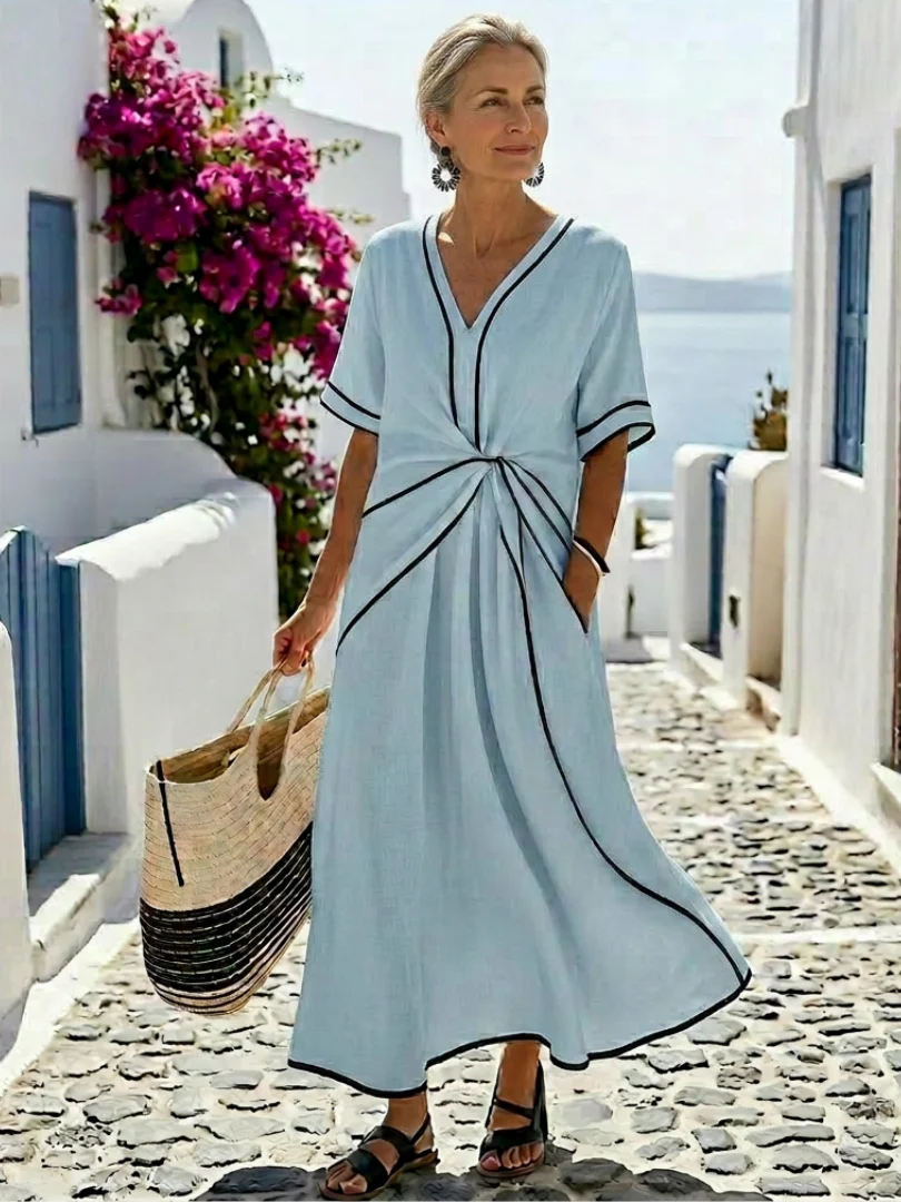 Linnea | V-Ausschnitt Kurzarm Geraffte Taille Midi Kleid - Image 6