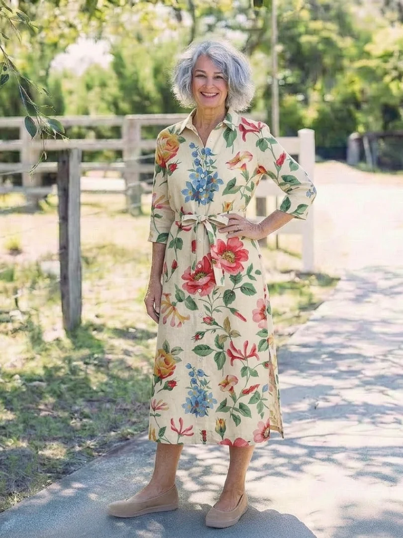 Maribel | Knopf-Front Halbarm Blumen-Midi-Kleid - Image 4