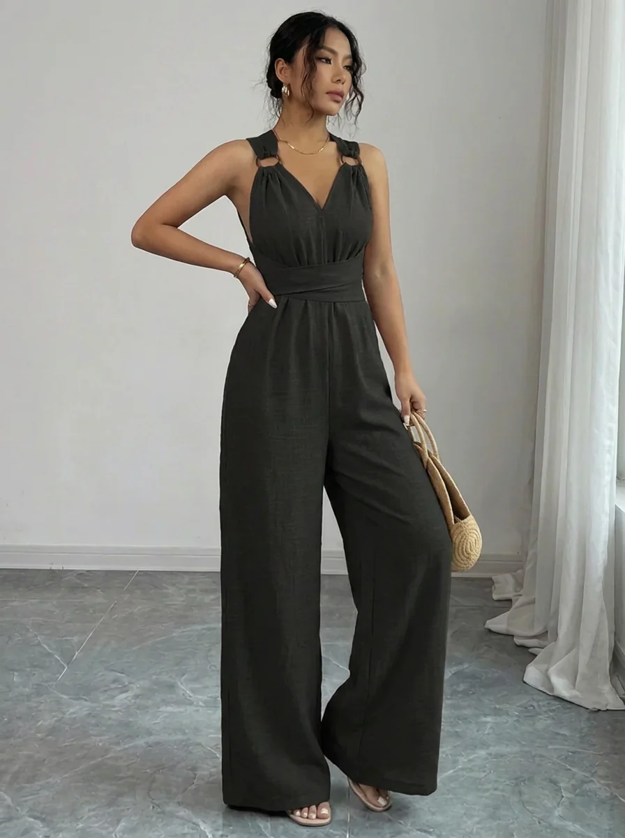 MARYAM™ - Einfarbiger Spitzenoberteil & Jumpsuit Ensemble mit Taschen - Image 2