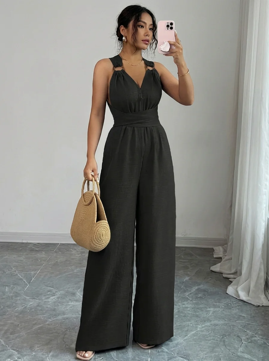 MARYAM™ - Einfarbiger Spitzenoberteil & Jumpsuit Ensemble mit Taschen - Image 3