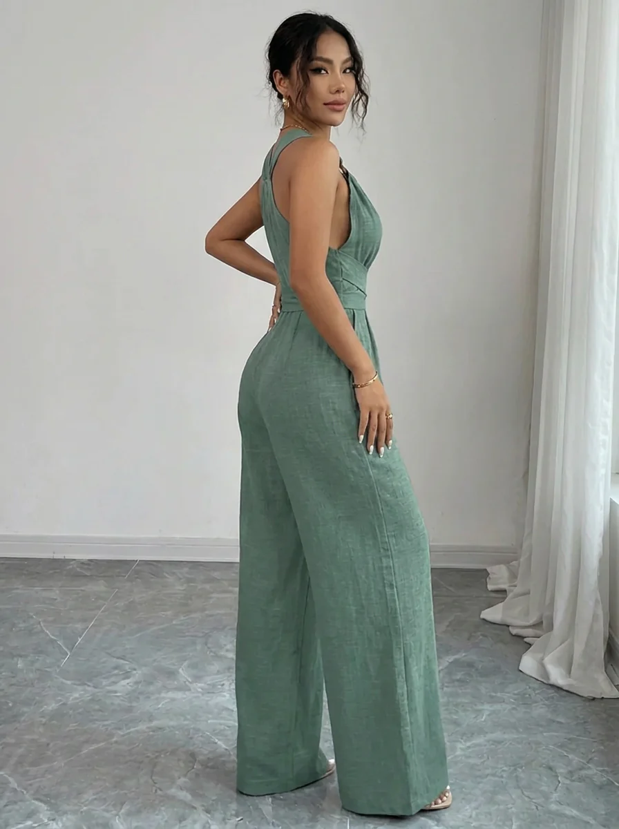 MARYAM™ - Einfarbiger Spitzenoberteil & Jumpsuit Ensemble mit Taschen - Image 6