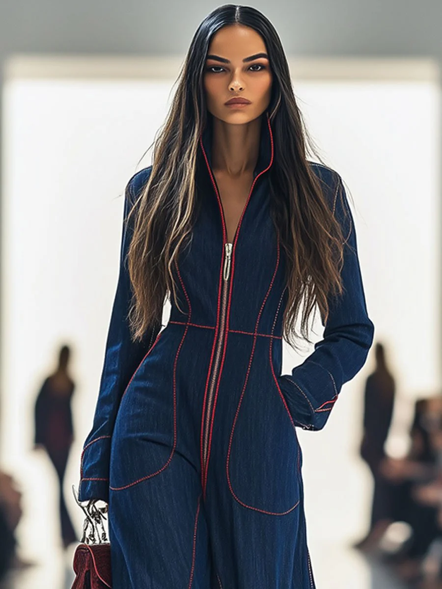 Nicole™ - Retro Roter Topstitch Denim Overall - Image 3