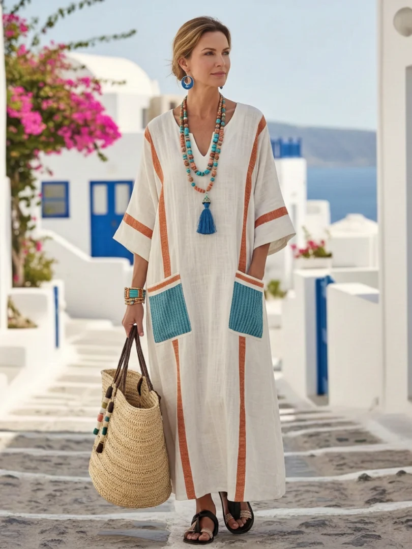 Noemi | V-Ausschnitt Maxikleid mit halben Ärmeln und Taschen - Image 3