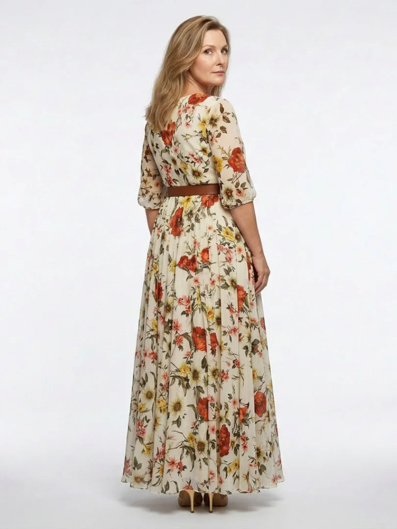 Odelia | Maxikleid mit Rundhalsausschnitt und drei Viertel Ärmeln, mit Gürtel - Image 2