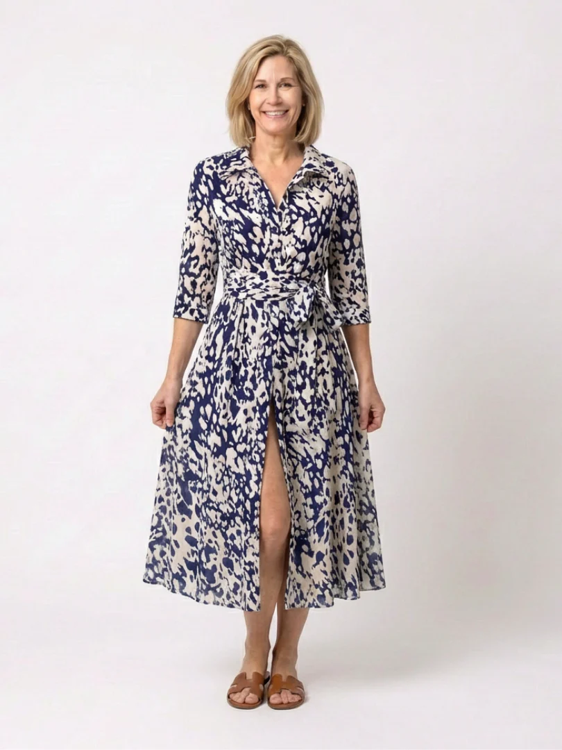 Oriana | Midi-Kleid mit Kragen, langen Ärmeln und Taillengürtel - Image 3
