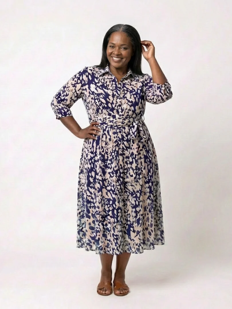 Oriana | Midi-Kleid mit Kragen, langen Ärmeln und Taillengürtel - Image 7
