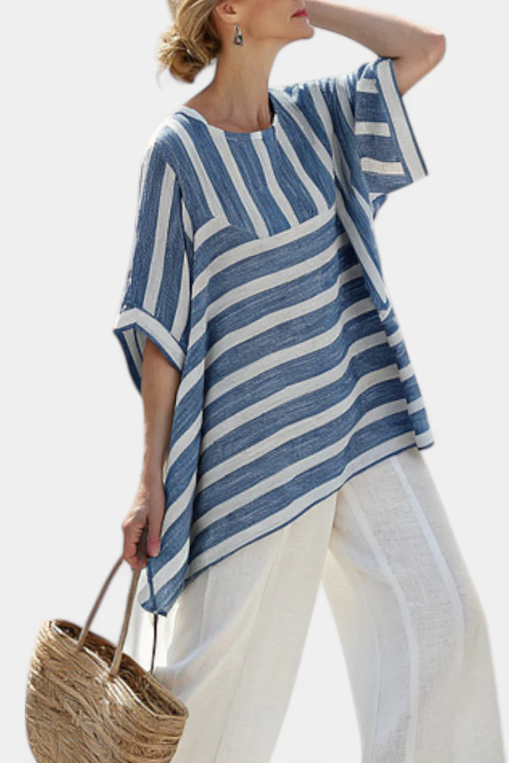 Ornella – elegantes gestreiftes Top in Blau und Hose mit Details am Saum - Image 2