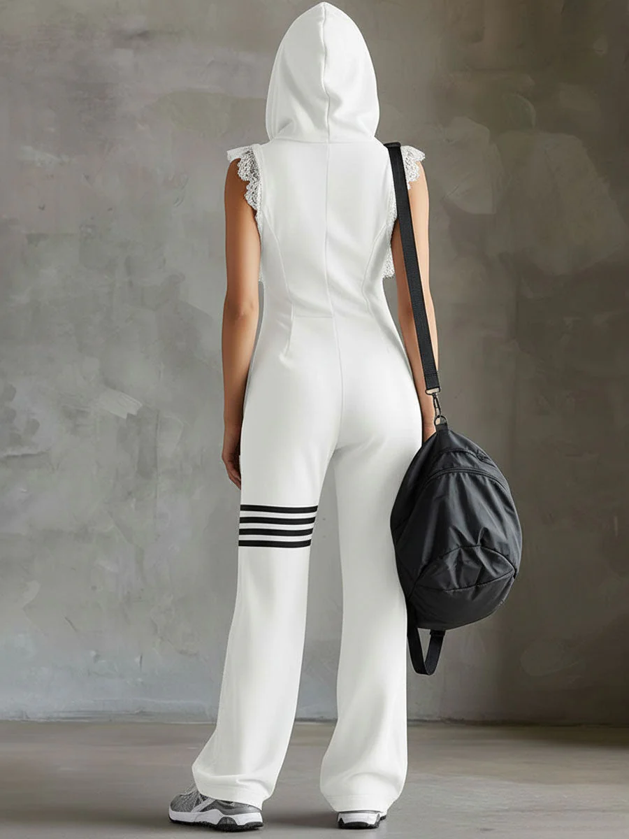 Retro-inspirierter schwarzer ärmelloser Kapuzen-Jumpsuit mit sportlichen Spitzenstreifen - Image 12