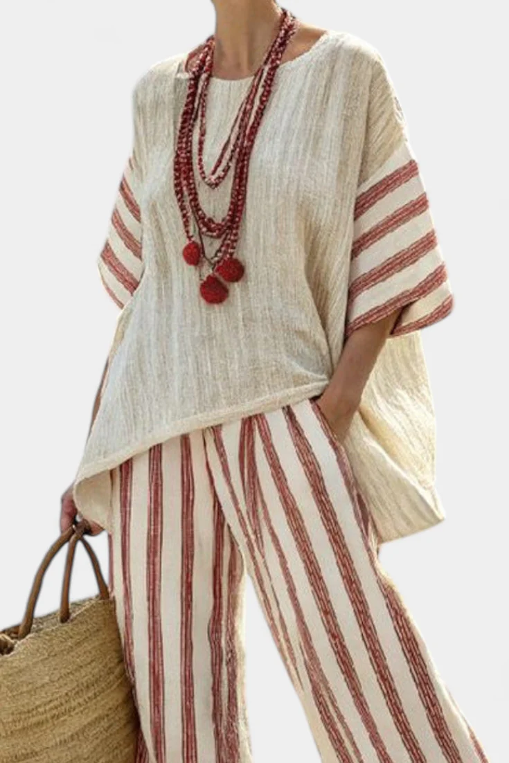 Rosalinda – elegantes rustikales Streifenoberteil und crema Leinenhose - Image 2