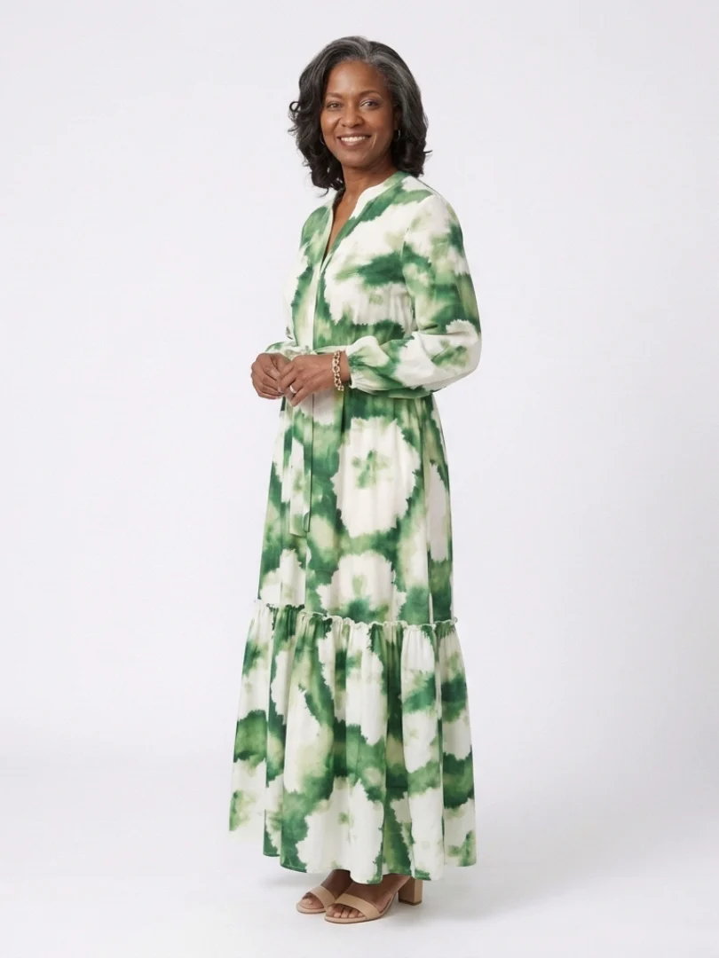 Sabine | Langärmliges Maxikleid mit Taillenknoten und Stufenrock - Image 3