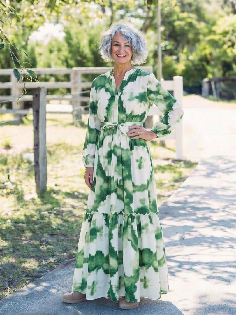 Sabine | Langärmliges Maxikleid mit Taillenknoten und Stufenrock - Image 6