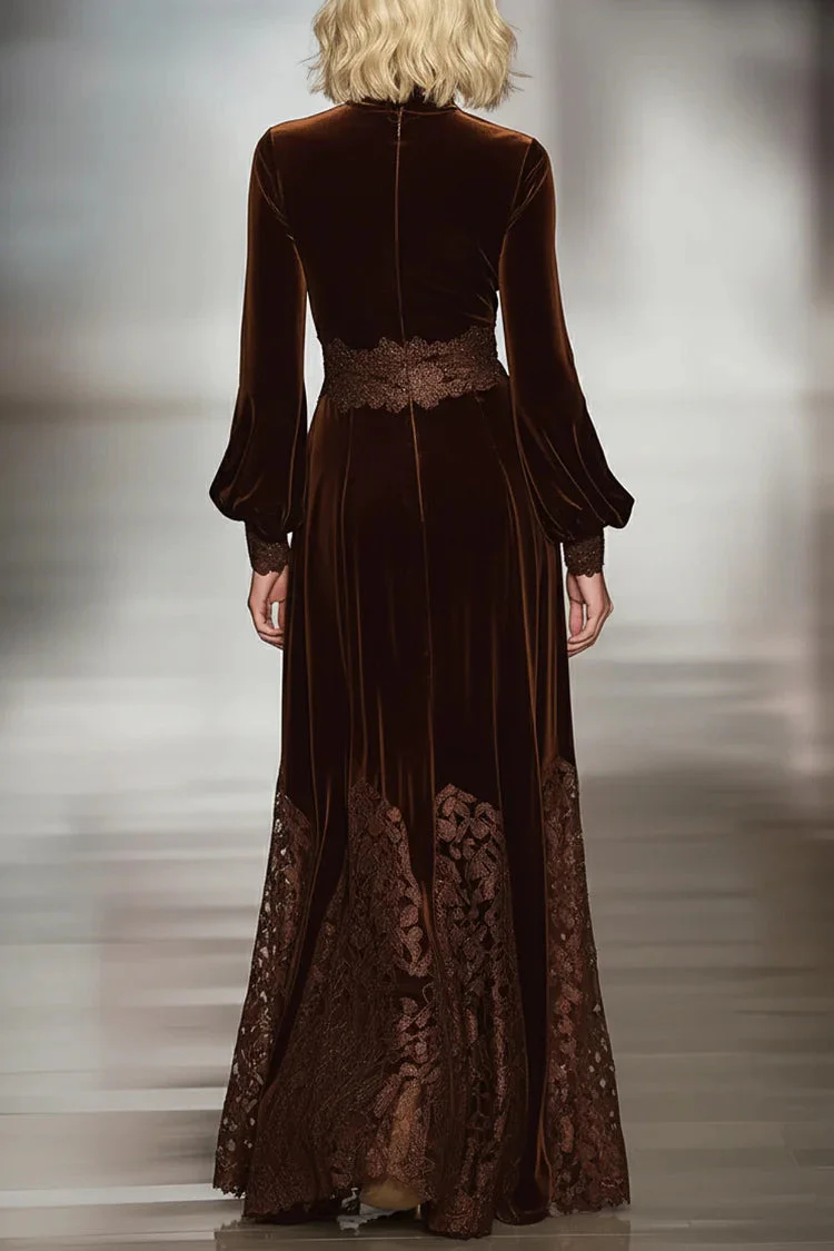 Samt Maxi-Kleid mit Spitzen-Patchwork und Ballonärmeln - Image 2