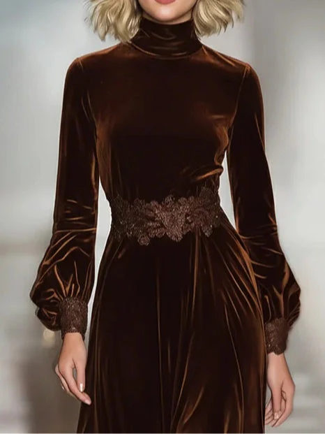 Samt Maxi-Kleid mit Spitzen-Patchwork und Ballonärmeln - Image 3