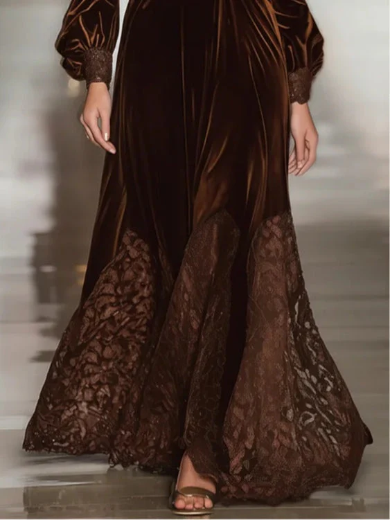 Samt Maxi-Kleid mit Spitzen-Patchwork und Ballonärmeln - Image 4