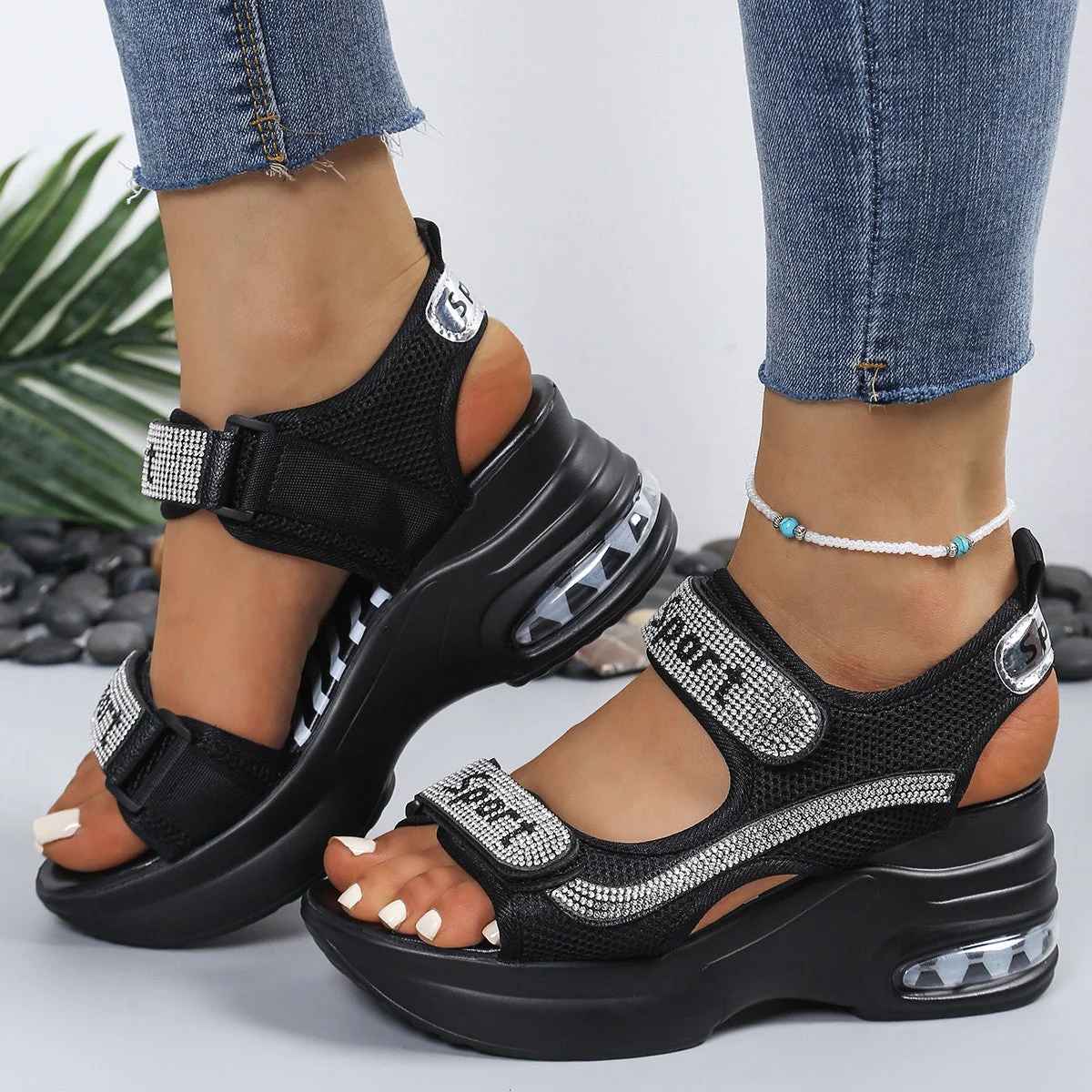 Schicke orthopädische Plattform-Sandalen für Damen, verziert mit Kristallen - Image 2