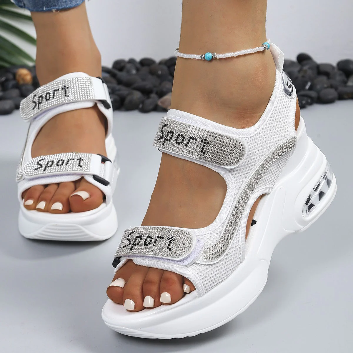 Schicke orthopädische Plattform-Sandalen für Damen, verziert mit Kristallen - Image 4