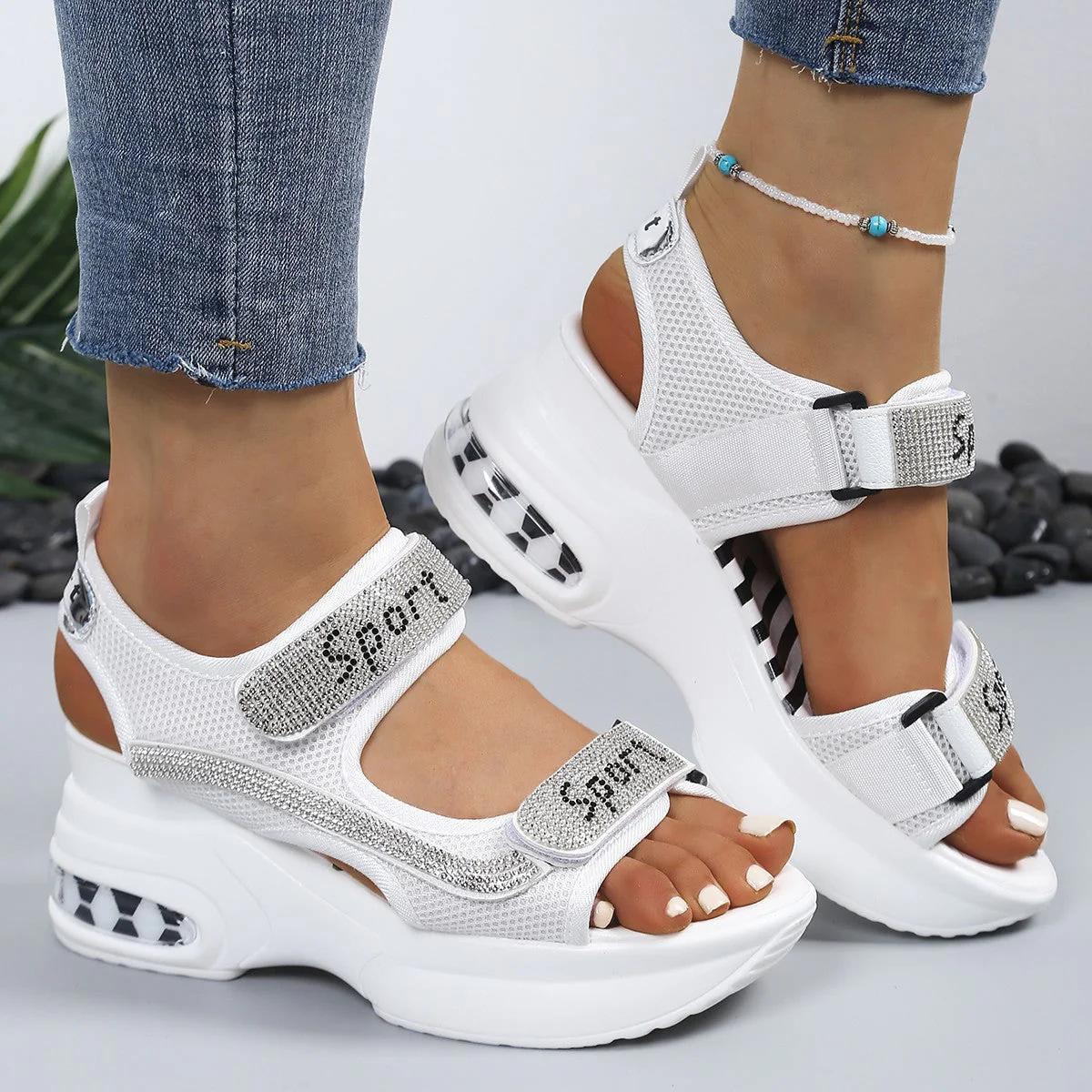 Schicke orthopädische Plattform-Sandalen für Damen, verziert mit Kristallen - Image 5