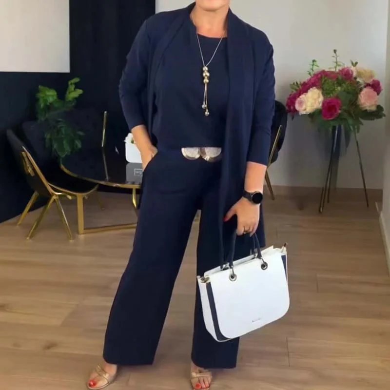 Schickes 3-teiliges Ensemble: Langer Cardigan, Top und Hose - Image 11