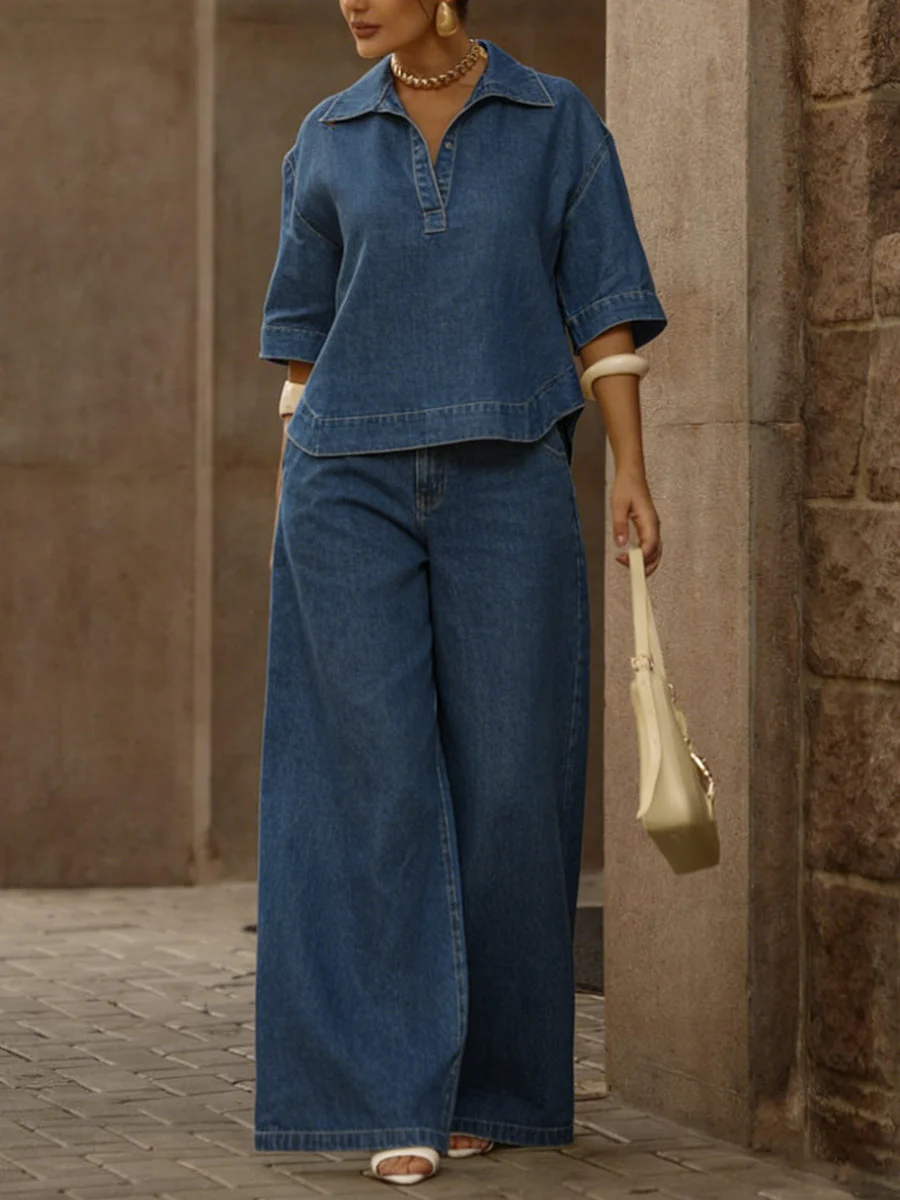 Schickes Damen-Jeans-Oberteil und weite Hose Zweiteiliges Set - Image 3
