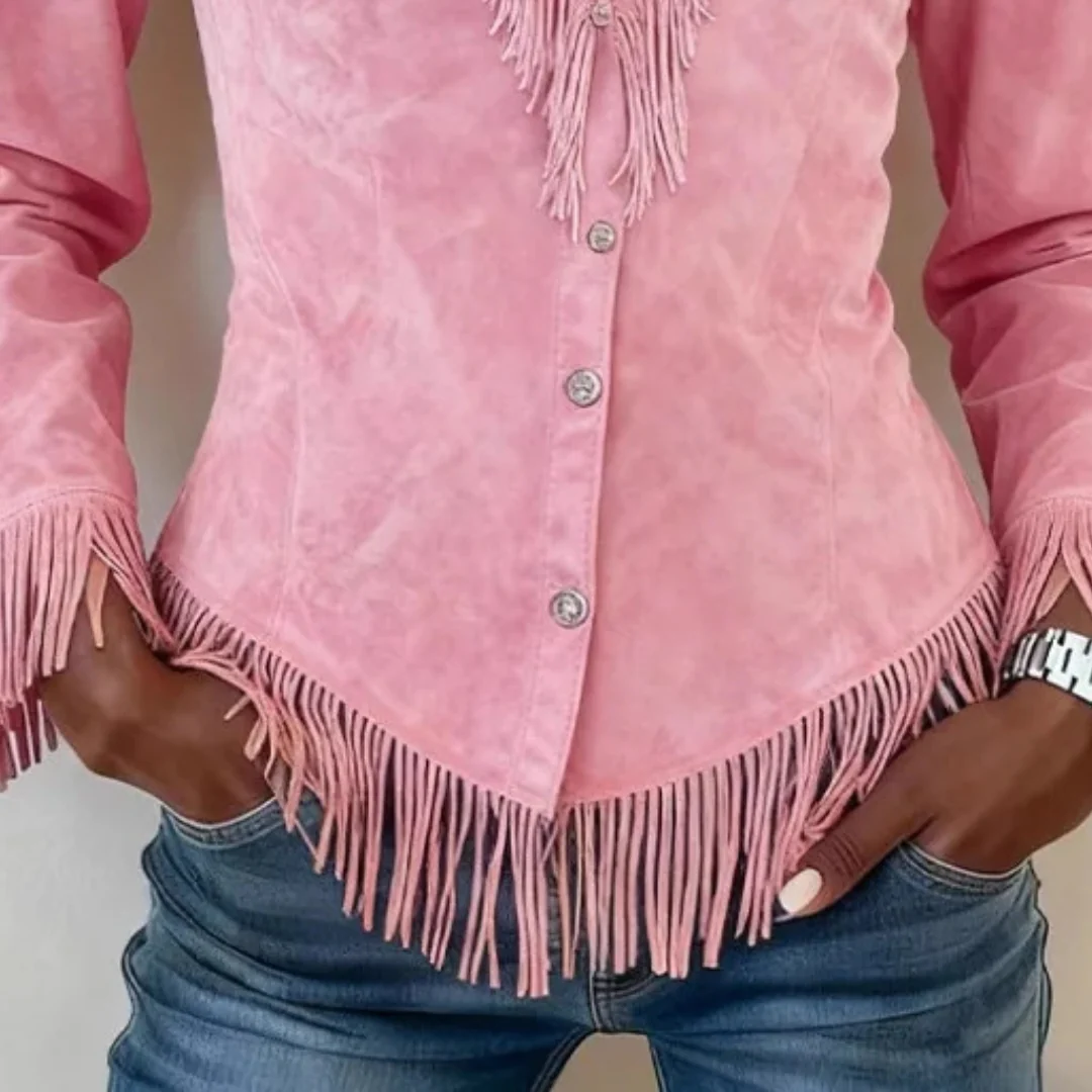 Solène │ Wildleder Bluse mit Knöpfen und Fransen-Details - Image 3
