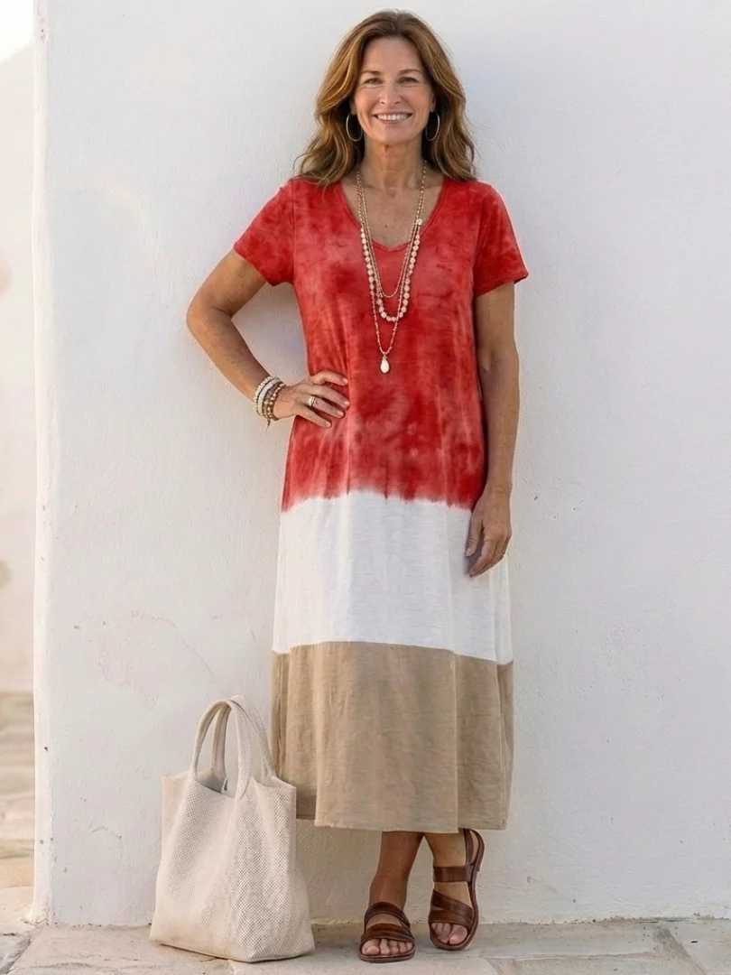 Thalia | Kurzarm Farbblock V-Ausschnitt Midi Kleid - Image 3