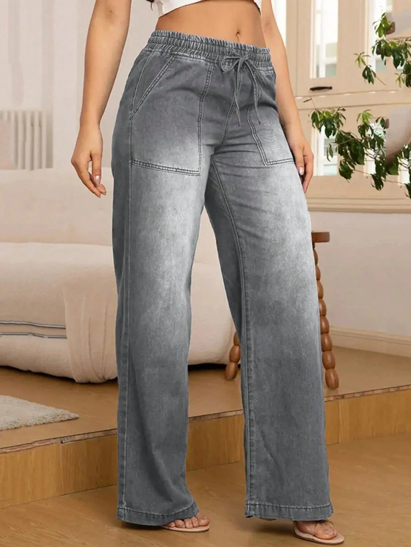 Verstellbare Kordelzug Taille Weite Bein Jeans für Frauen - Image 10