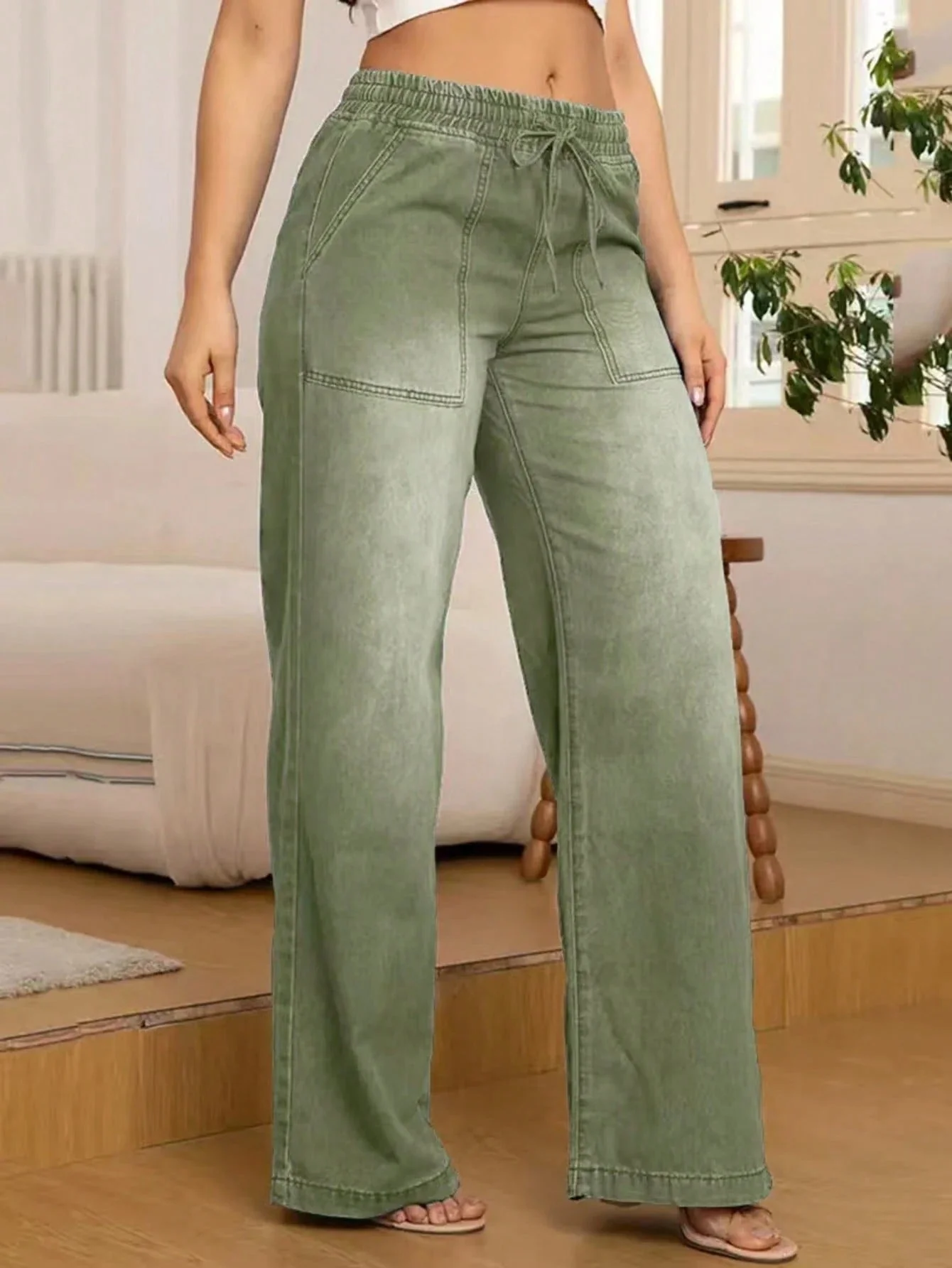 Verstellbare Kordelzug Taille Weite Bein Jeans für Frauen - Image 11