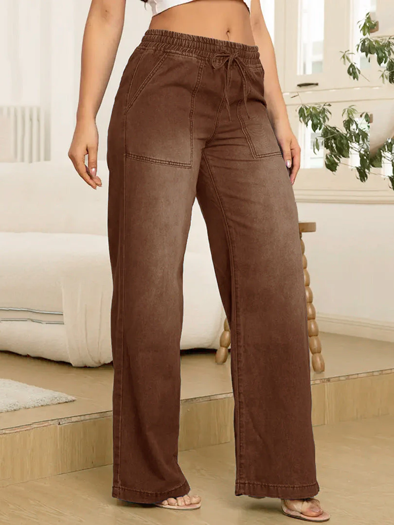 Verstellbare Kordelzug Taille Weite Bein Jeans für Frauen - Image 12
