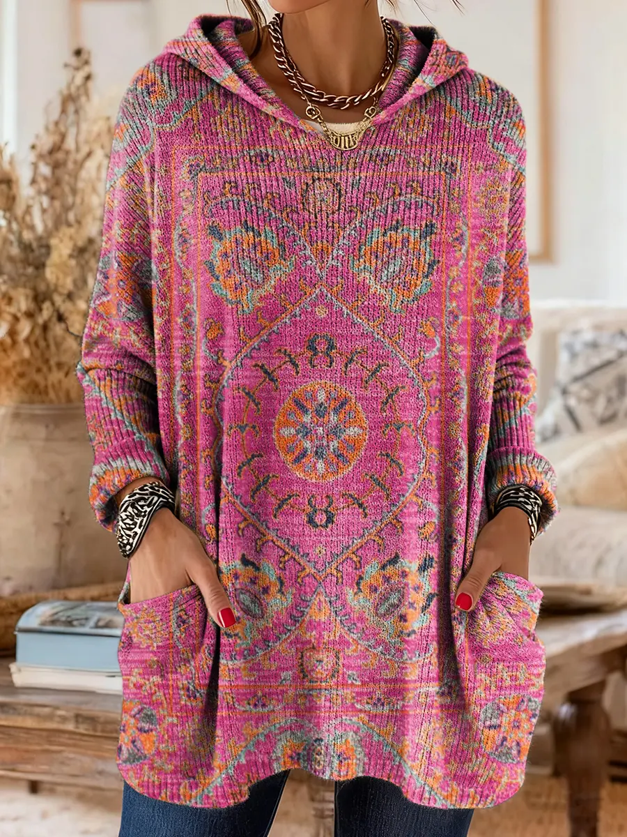 Vintage-inspirierte Kapuzenstrick-Tunika mit Taschen und ethnischem Druck - Image 2