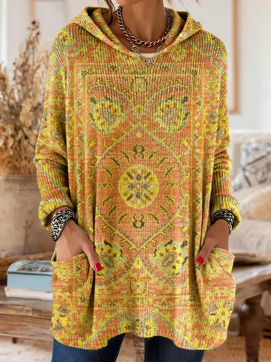 Vintage-inspirierte Kapuzenstrick-Tunika mit Taschen und ethnischem Druck - Image 7