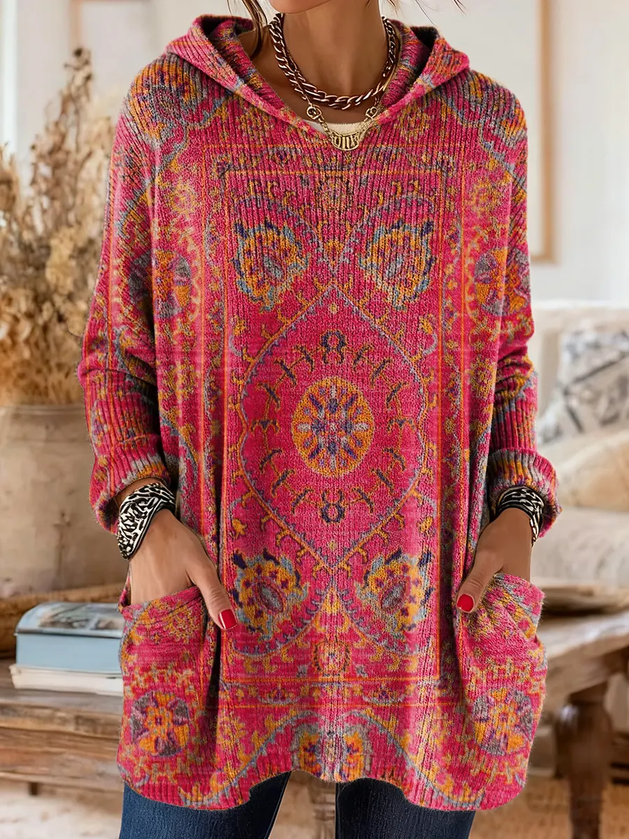 Vintage-inspirierte Kapuzenstrick-Tunika mit Taschen und ethnischem Druck - Image 8