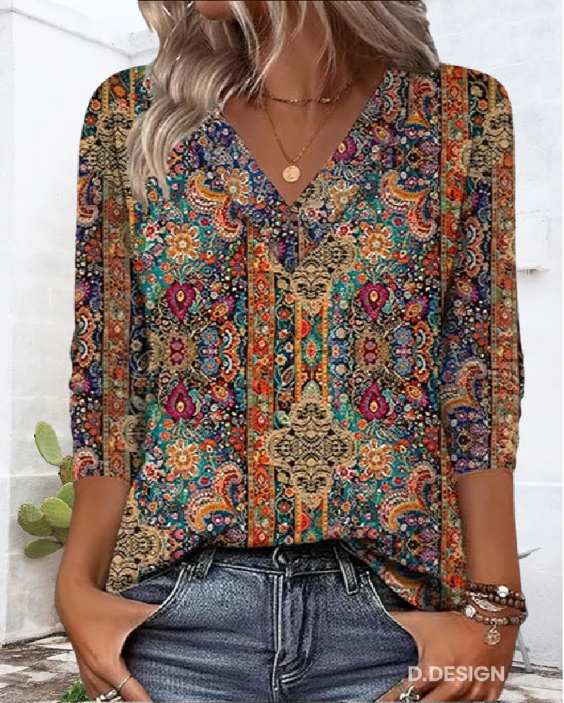 Vintage-inspirierte V-Ausschnitt Druckbluse - Image 2