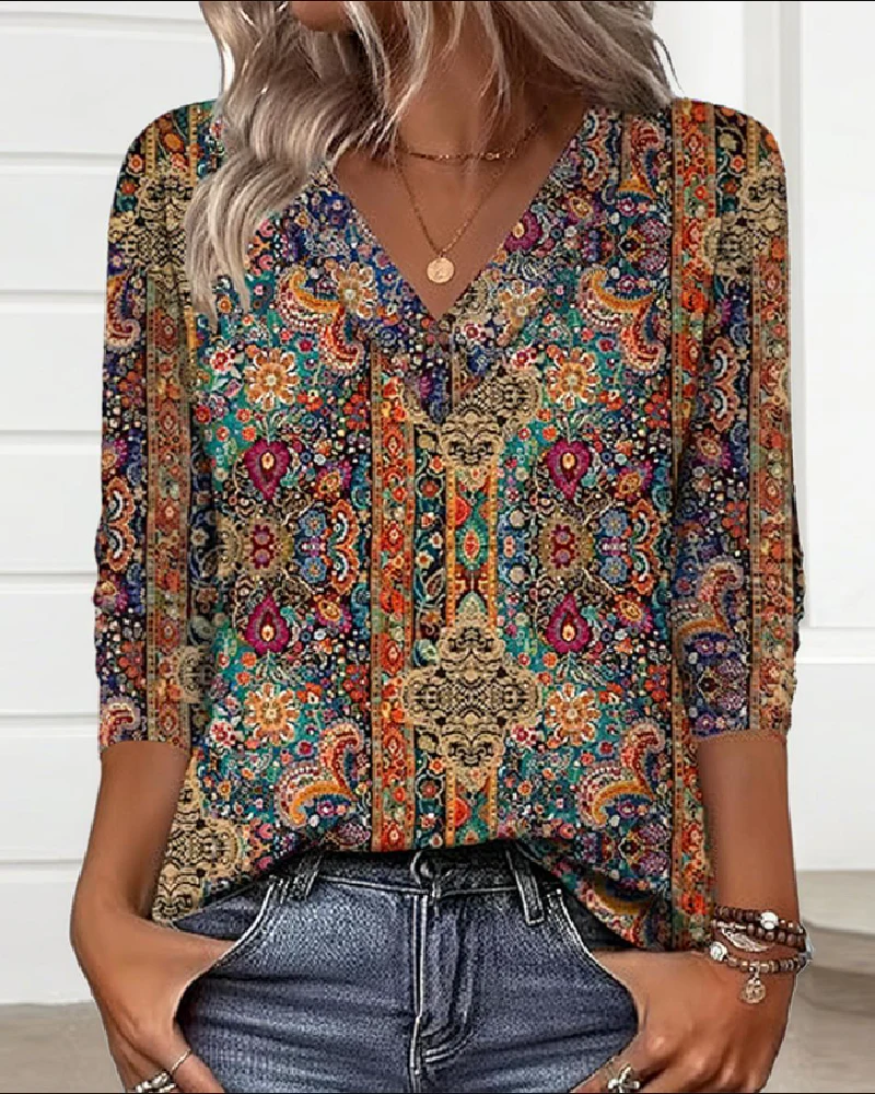 Vintage-inspirierte V-Ausschnitt Druckbluse - Image 3