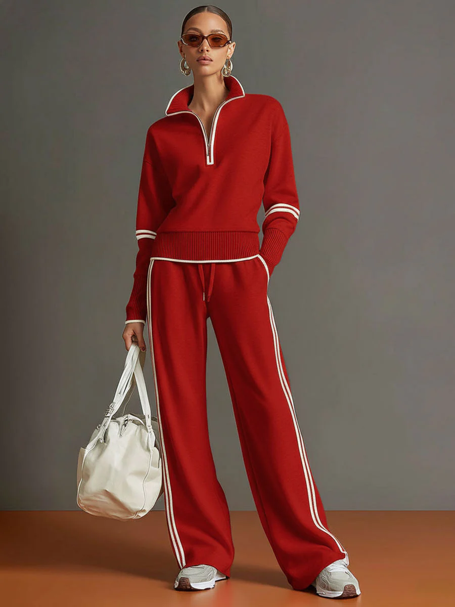 Vintage-inspirierter grauer und weißer Halbzip-Sweatshirt mit weitem Hosen-Set - Image 13