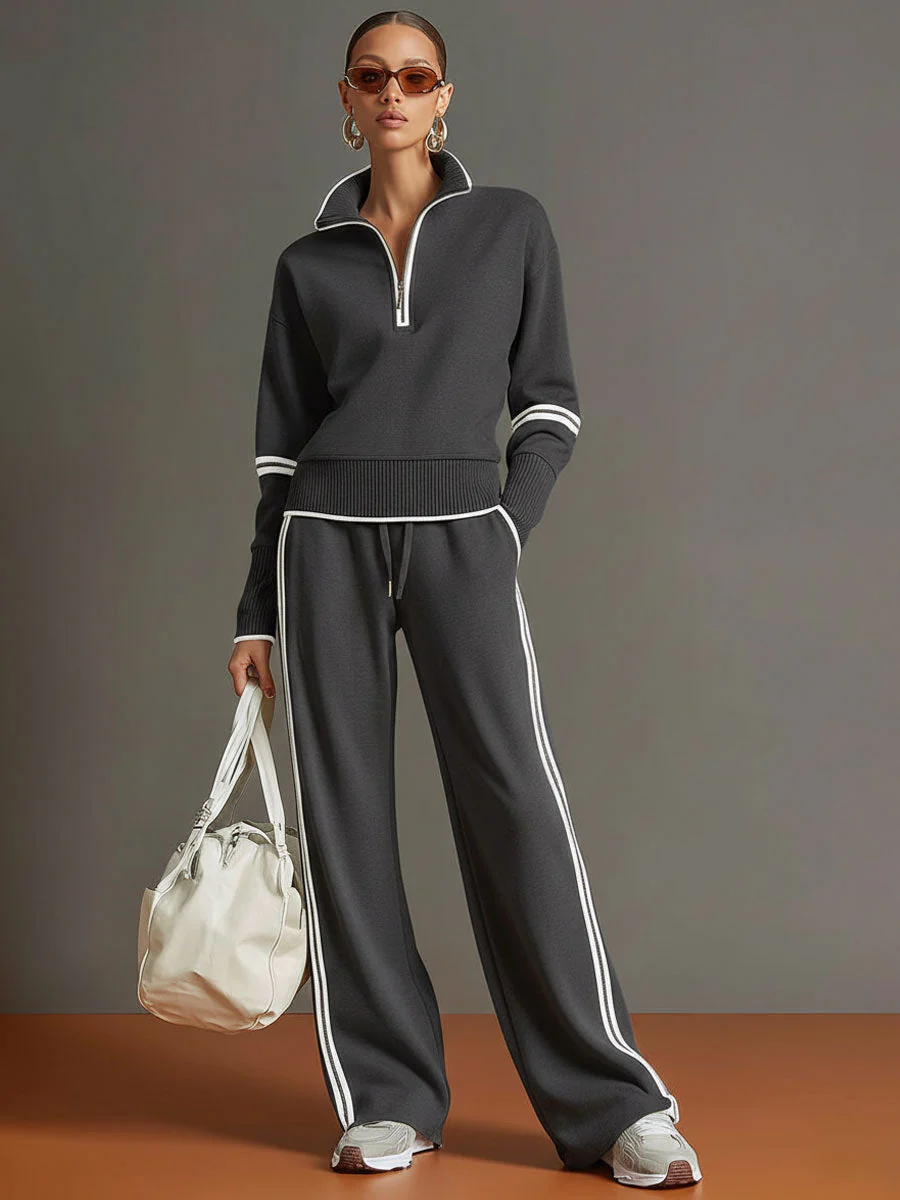 Vintage-inspirierter grauer und weißer Halbzip-Sweatshirt mit weitem Hosen-Set - Image 6