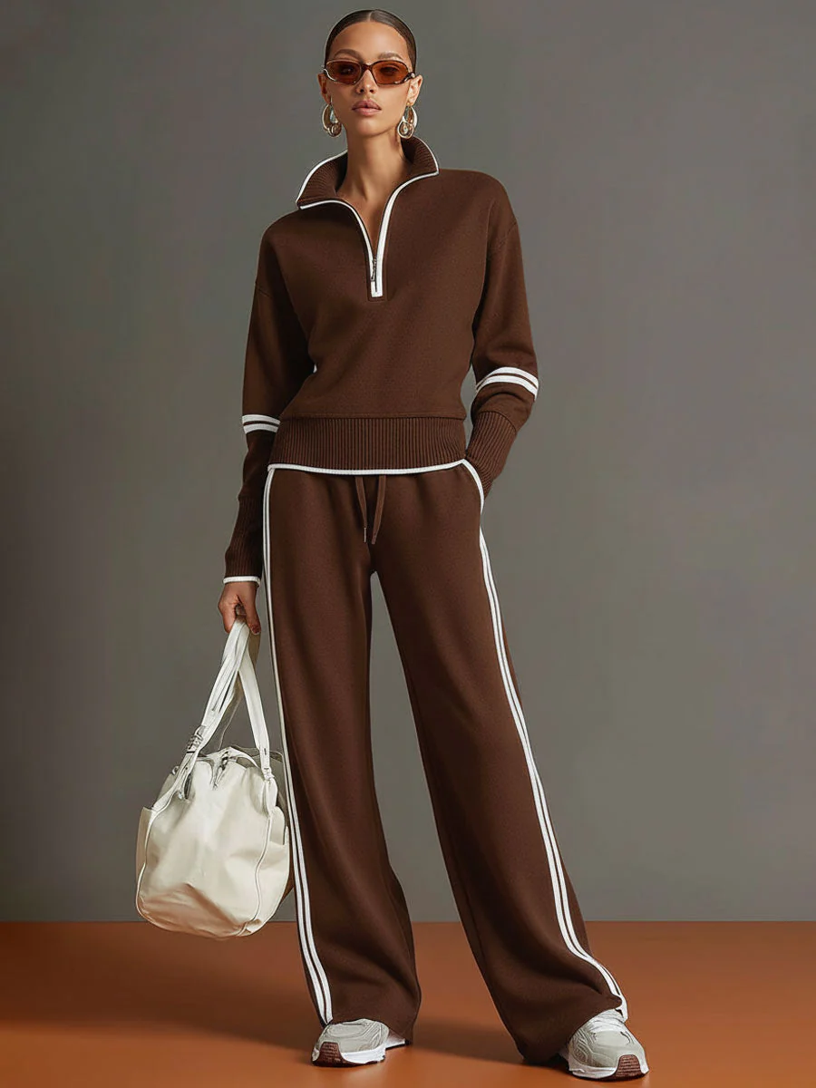 Vintage-inspirierter grauer und weißer Halbzip-Sweatshirt mit weitem Hosen-Set - Image 8