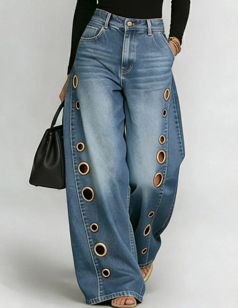 Weite Denim-Hosen mit goldenen Ösen-Seitenausschnitten - Image 2