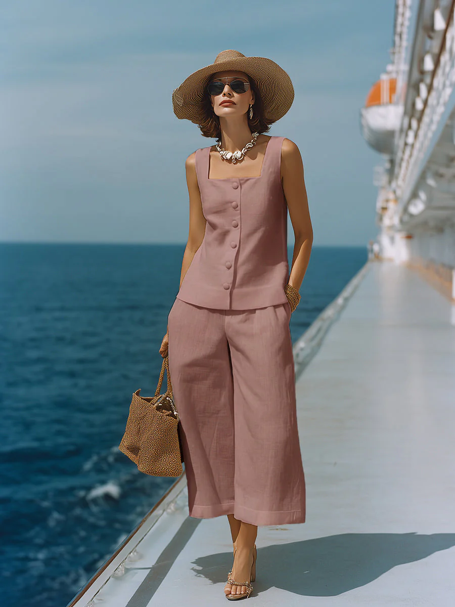 Zeitloses Weißes Baumwoll-Leinen Top mit Quadrat-Ausschnitt und Passenden Capri-Hosen Set - Image 9